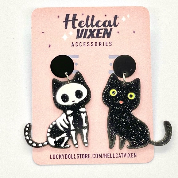 Retro Glitter Black and Skeleton Kitty Cat Acrylic Dangling Stud Earrings - Picture 8 of 9